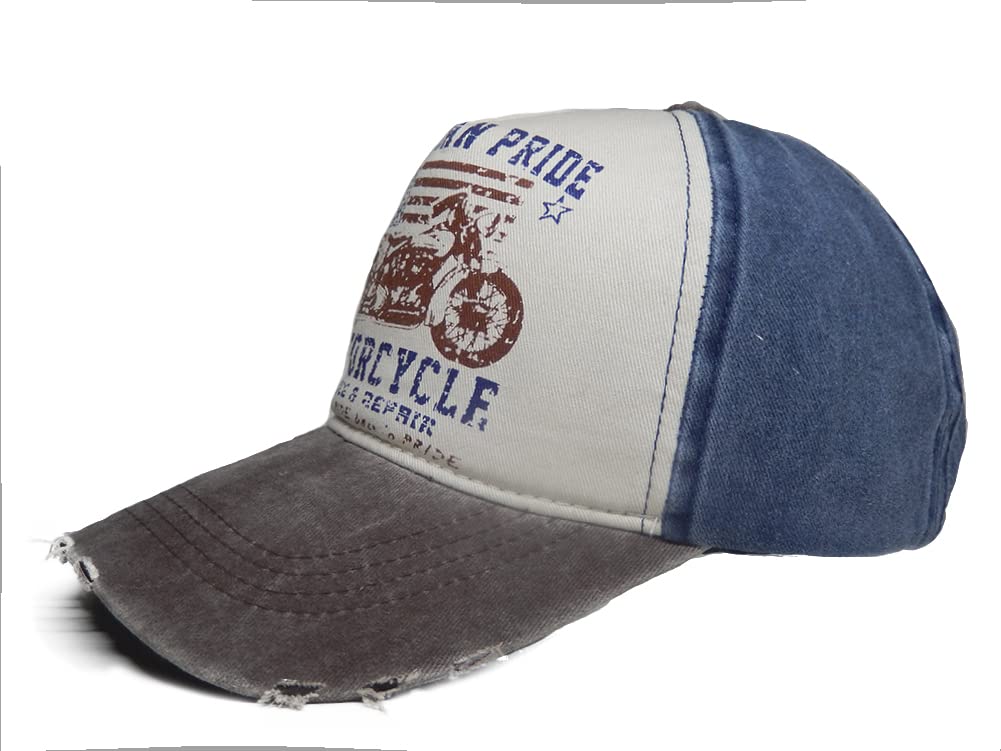 LONGTEN Vintage Denim Cap with motorcycle pattern for casual streetwear appeal.
