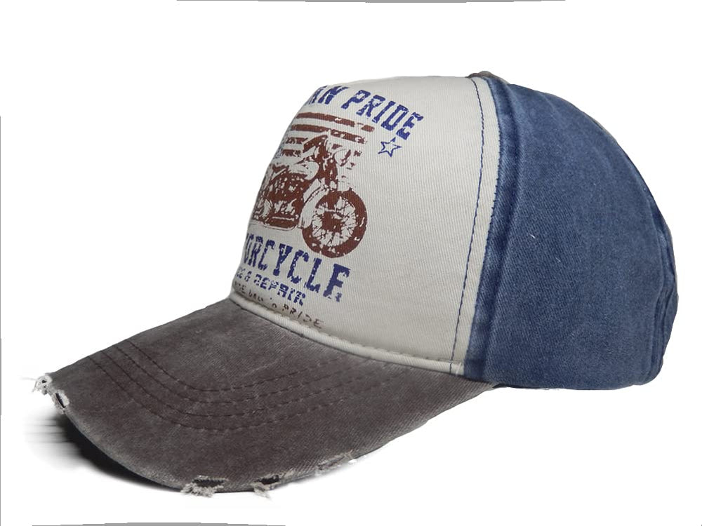 LONGTEN Vintage Denim Cap with motorcycle pattern for casual streetwear appeal.