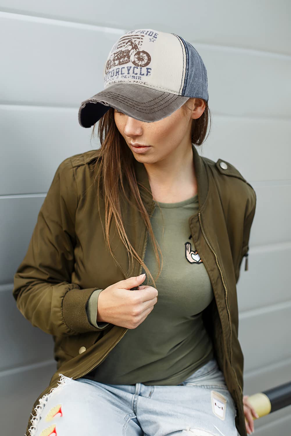 LONGTEN Vintage Denim Cap visor detail highlighting long brim for shade.