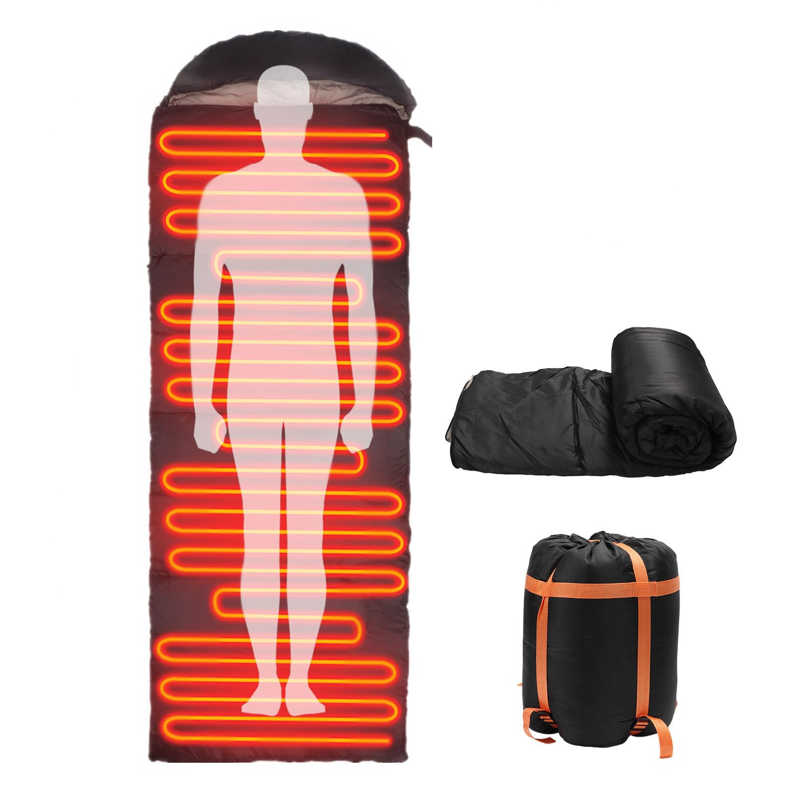 Longzhuo heated sleeping bag hood-drawstring demonstrates adjustable warmth for cold nights.