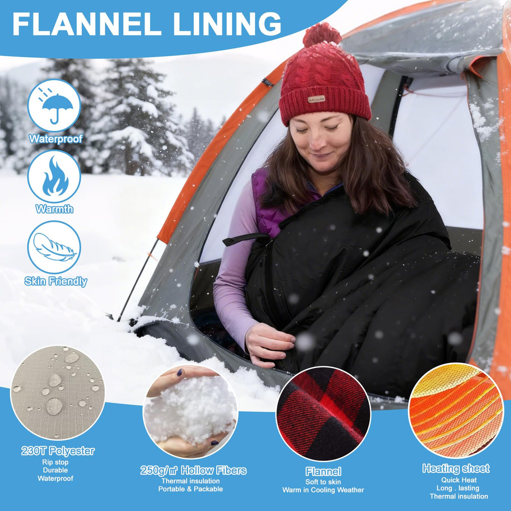 Longzhuo heated sleeping bag soft flannel lining for skin-friendly comfort.