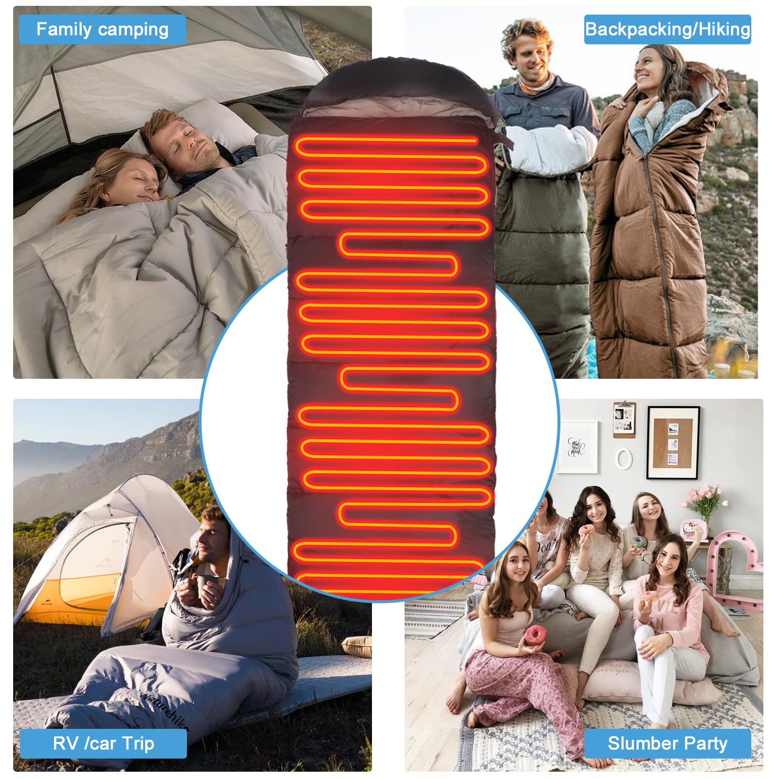 Longzhuo heated sleeping bag two-way zipper for easy entry and venting.