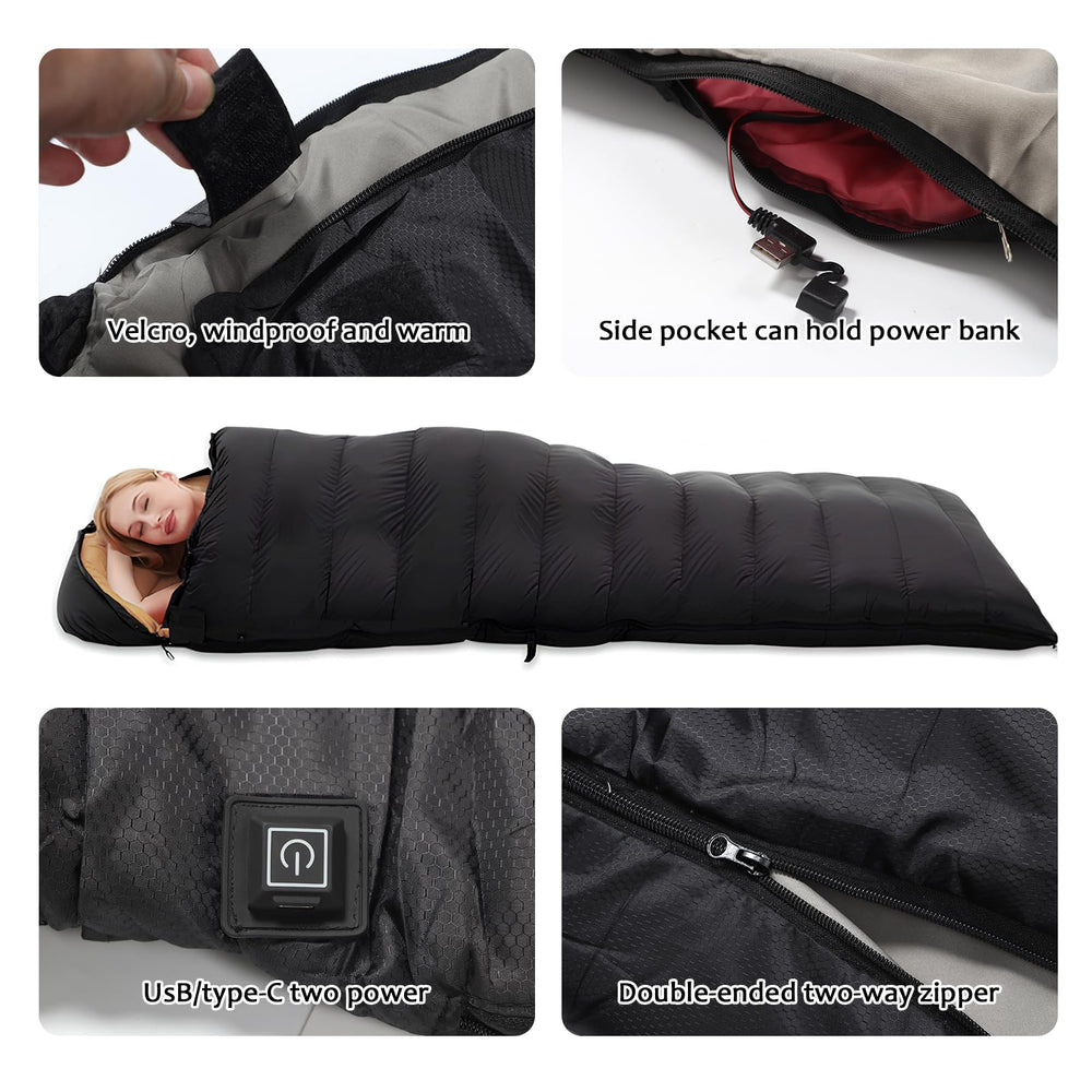 Longzhuo heated sleeping bag USB power option enabling flexible charging.