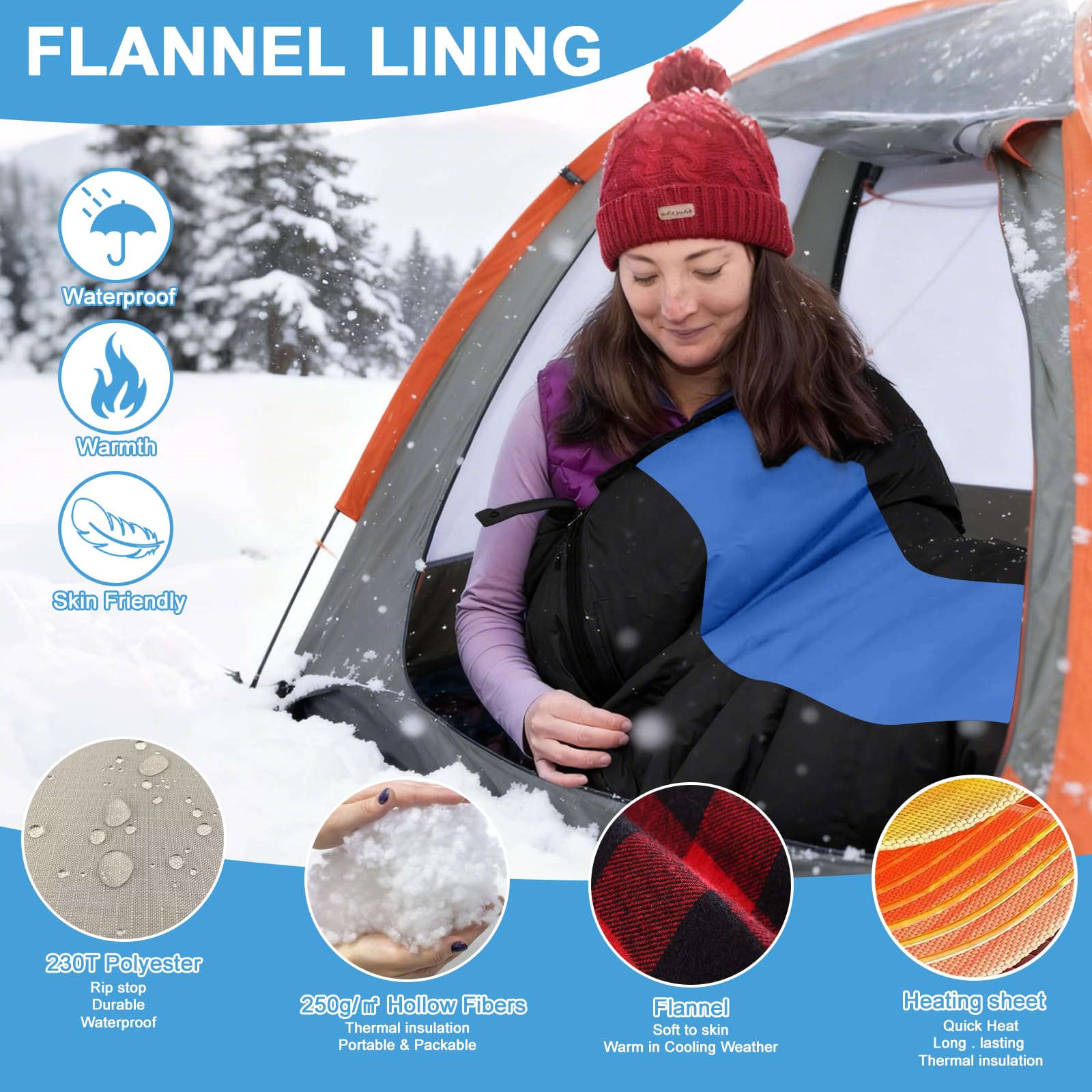Longzhuo sleeping bag hood with drawstring shields head from cold.