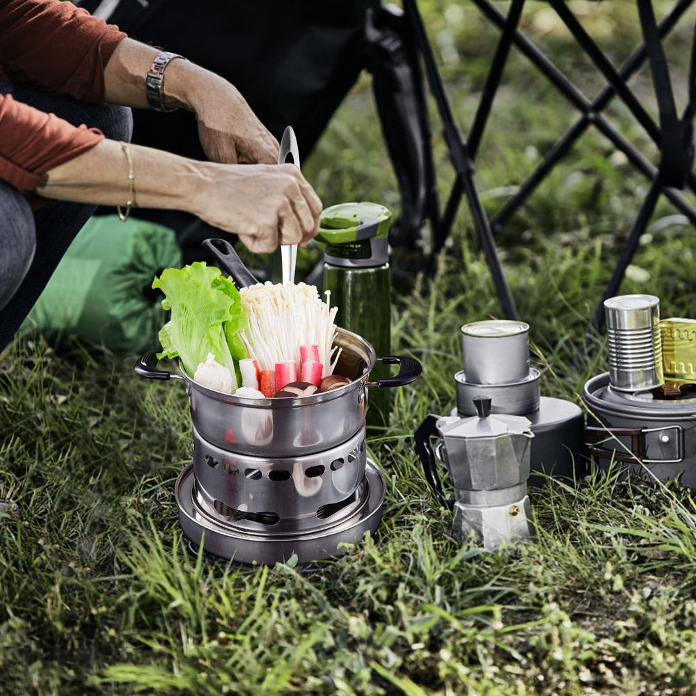 Longzhuo spirit cooker with pot pack showing complete camping kit