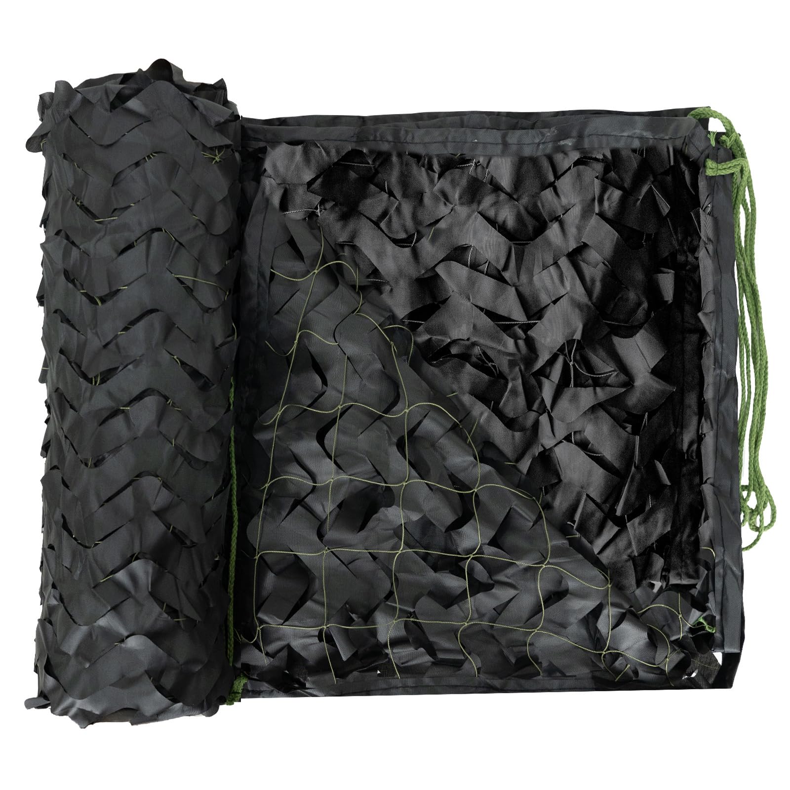 LOOGU black camouflage netting forest-scene close-up for camping concealment and outdoor privacy.