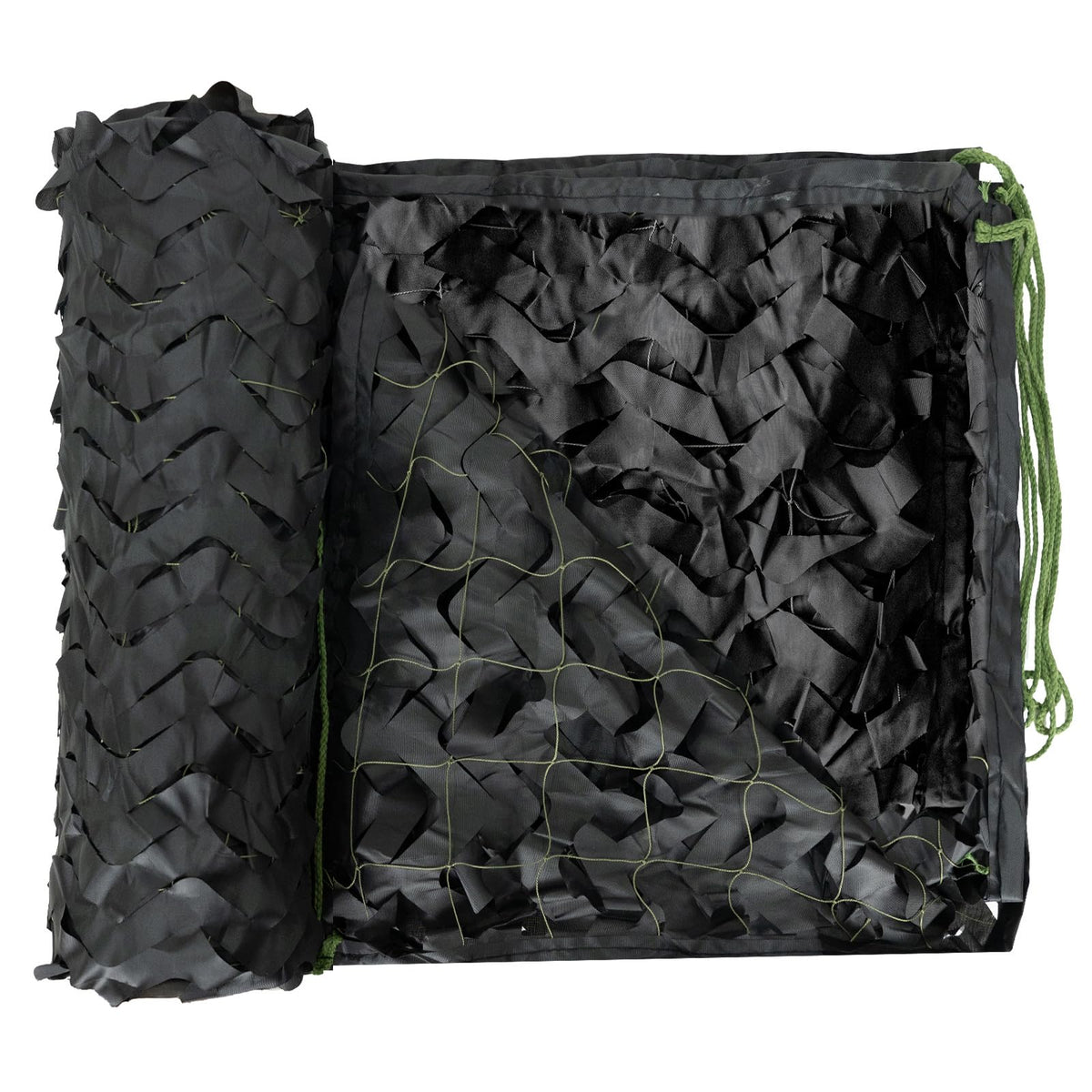 LOOGU black camouflage netting forest-scene close-up for camping concealment and outdoor privacy.