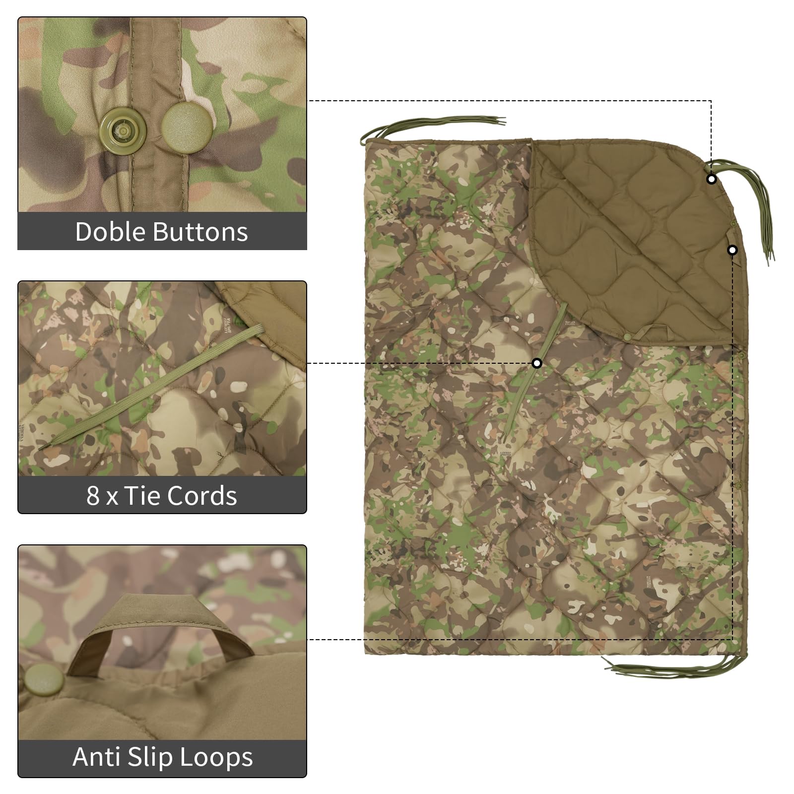 LOOGU camo blanket eight tie cords and snaps secure wear and quick shelter setup.