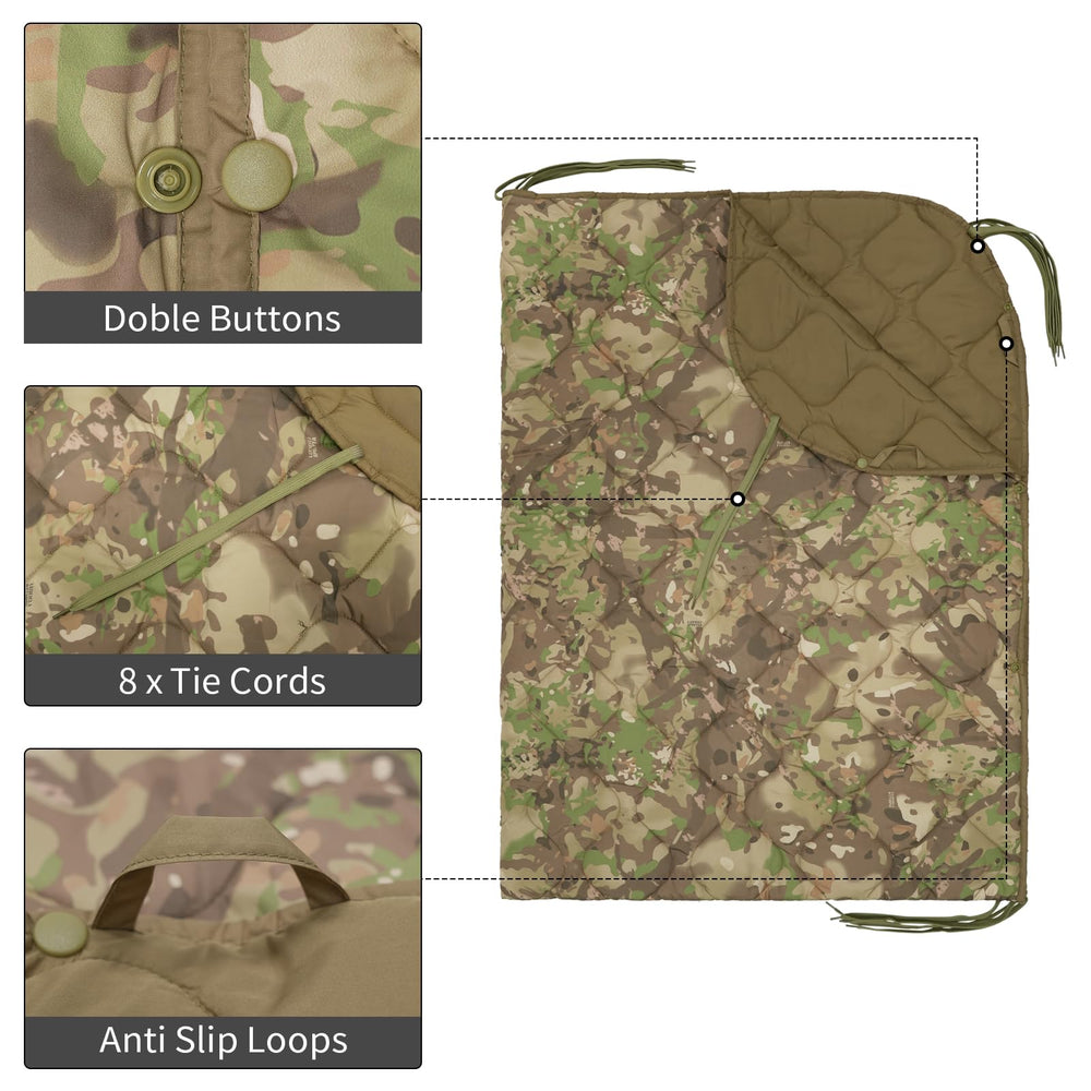 LOOGU camo blanket eight tie cords and snaps secure wear and quick shelter setup.