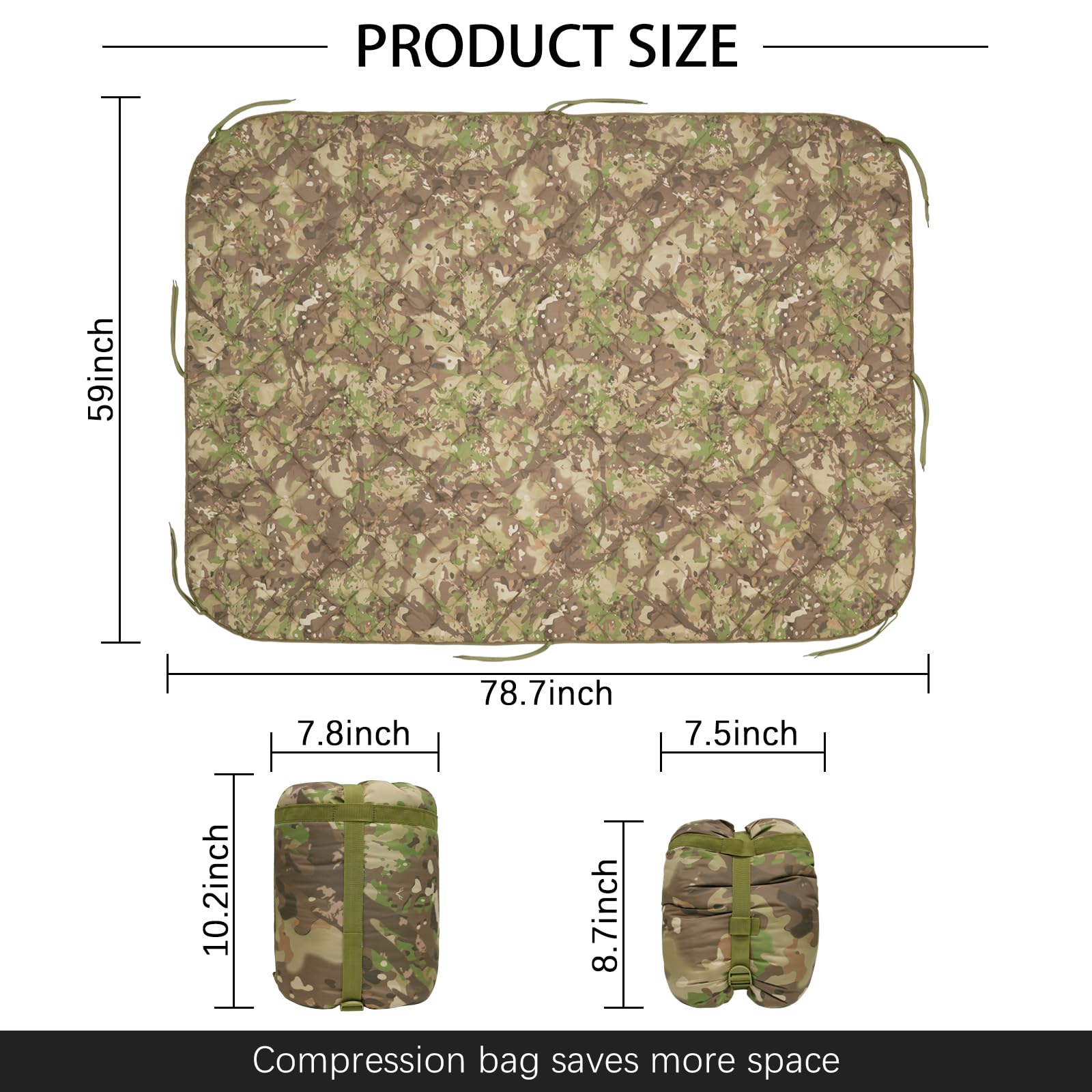 LOOGU camo blanket compact compression bag saves space for backpacking trips.