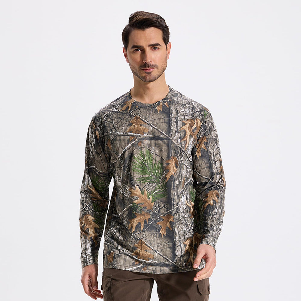 LOOGU camo hoodie shirt worn during forest hike demonstrates versatile layering.