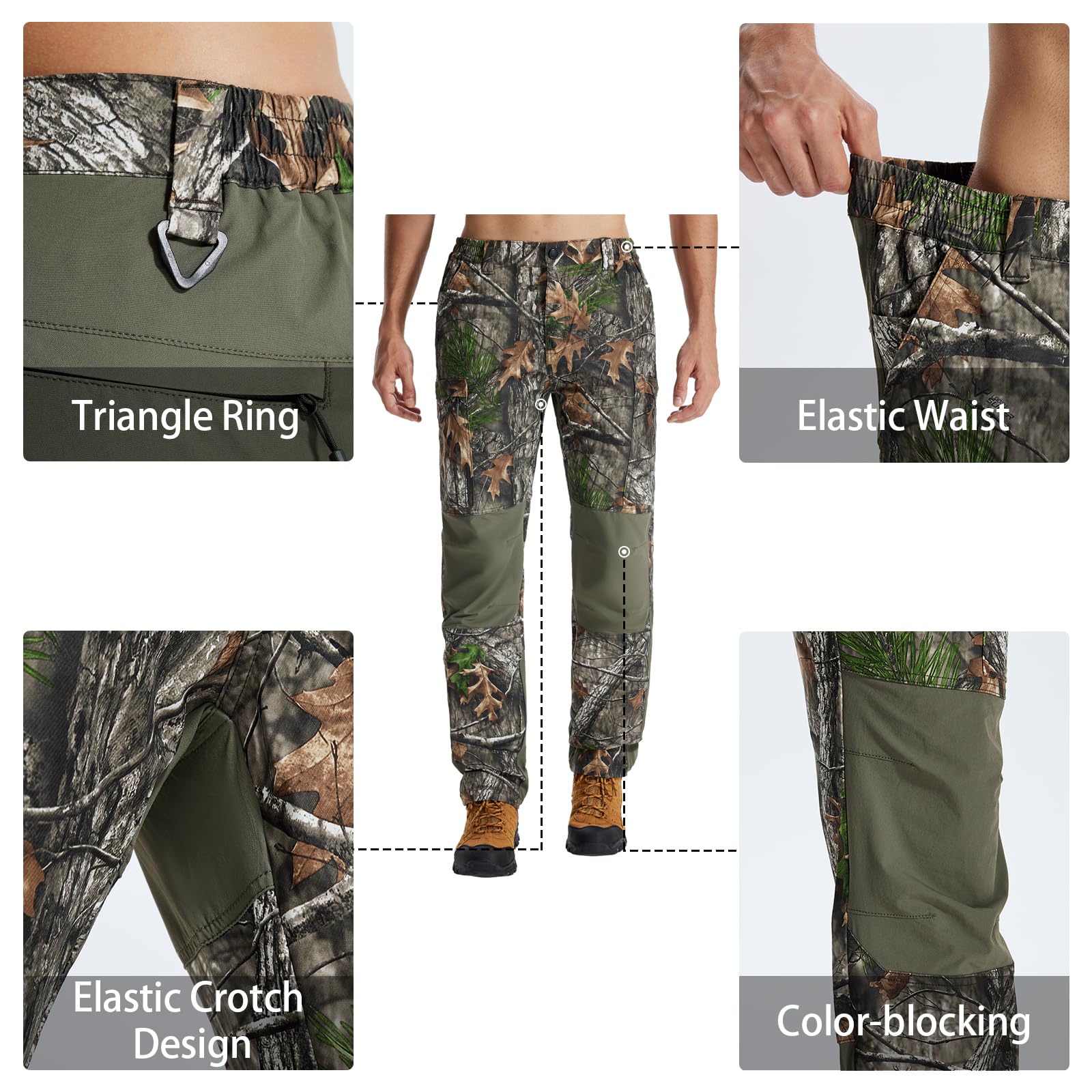 LOOGU camo hunting pants water-resistant material handles light rain or dew.