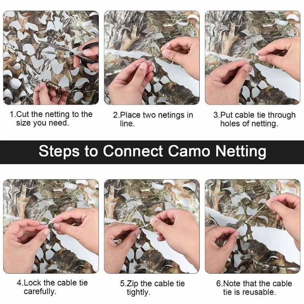 LOOGU camo netting close-up highlights waterproof 190T fabric and pattern.