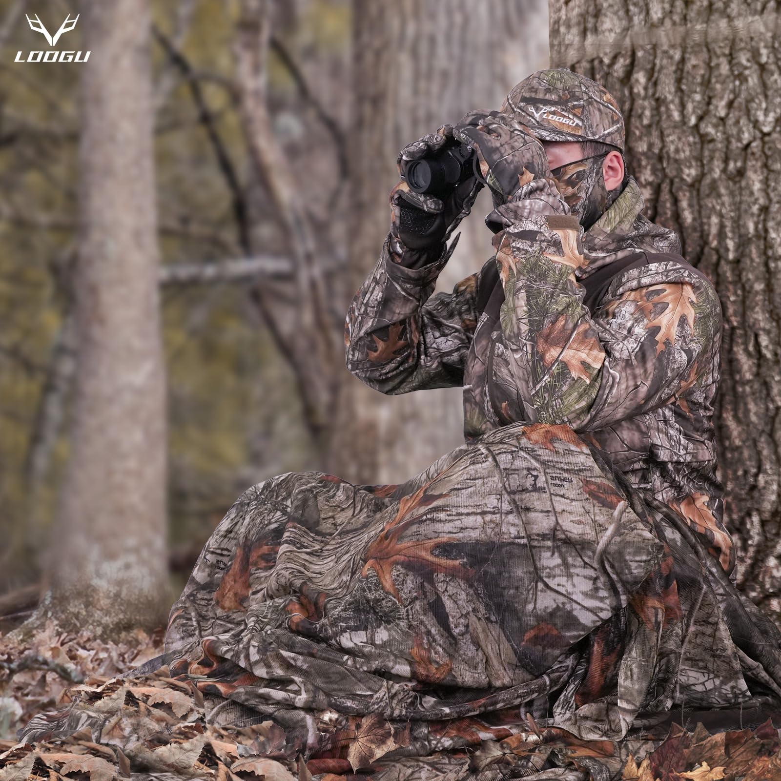 LOOGU camo netting hunting blind setup blending with foliage