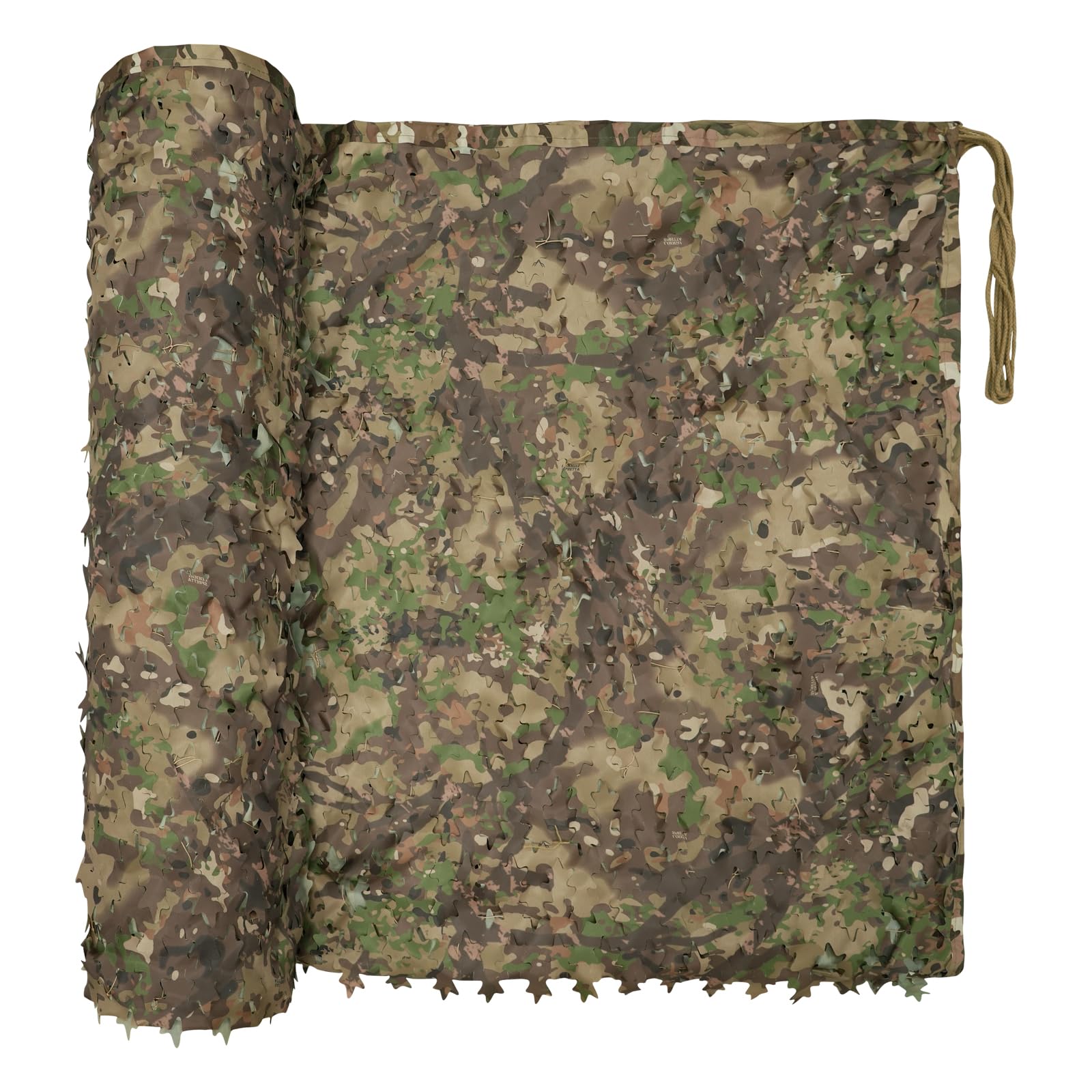 LOOGU camo netting rolled in woodland tones for quick concealment.