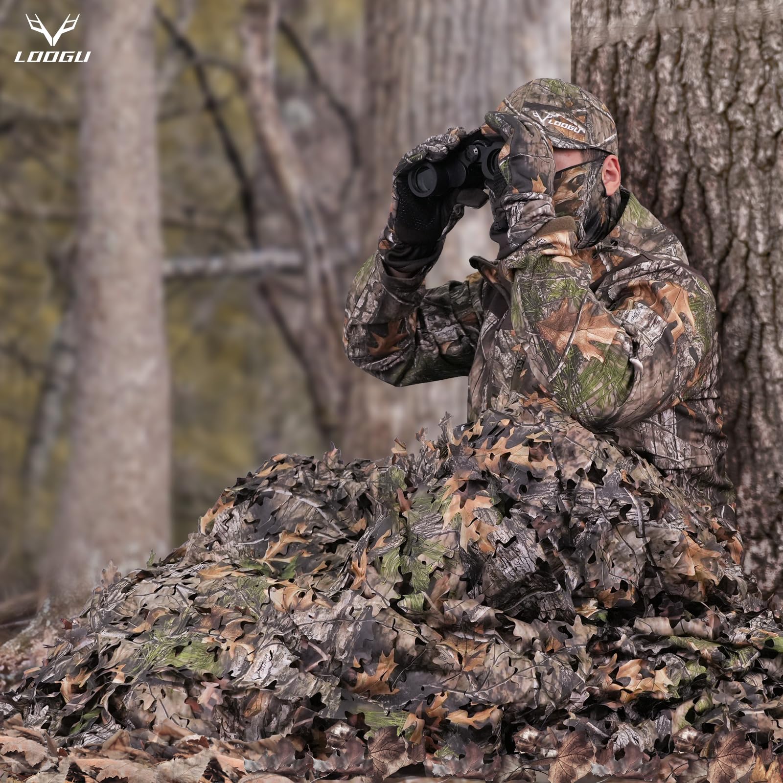 LOOGU camo netting on tree stand demonstrates concealment in elevated hunting setups