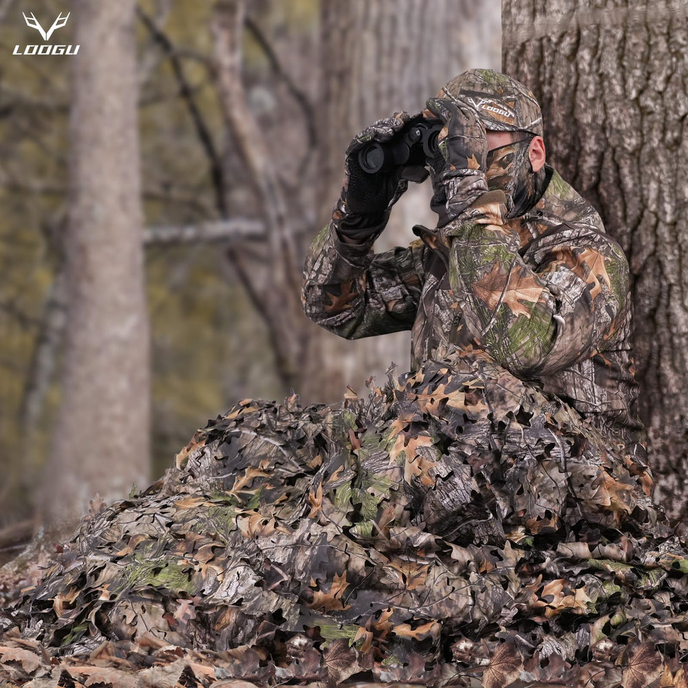 LOOGU camo netting on tree stand demonstrates concealment in elevated hunting setups