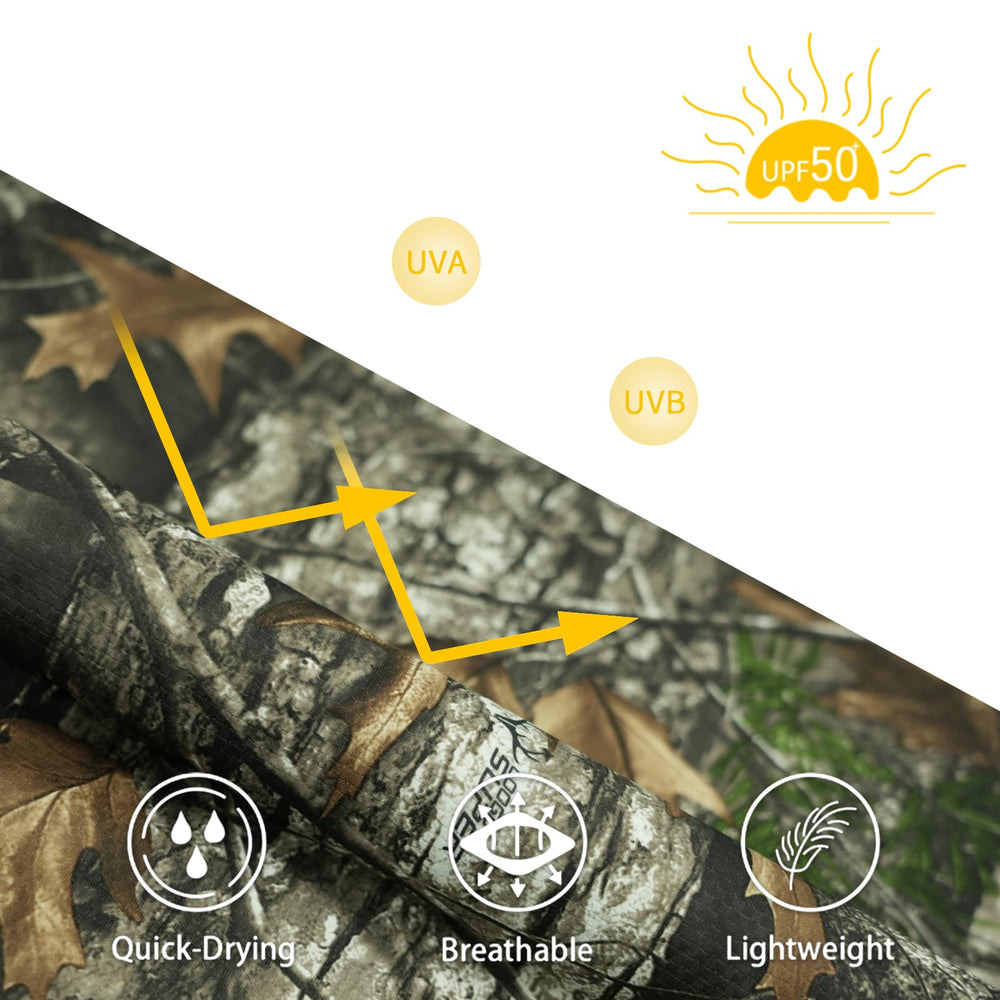 LOOGU camouflage shirt layered for hiking and fishing scenarios.