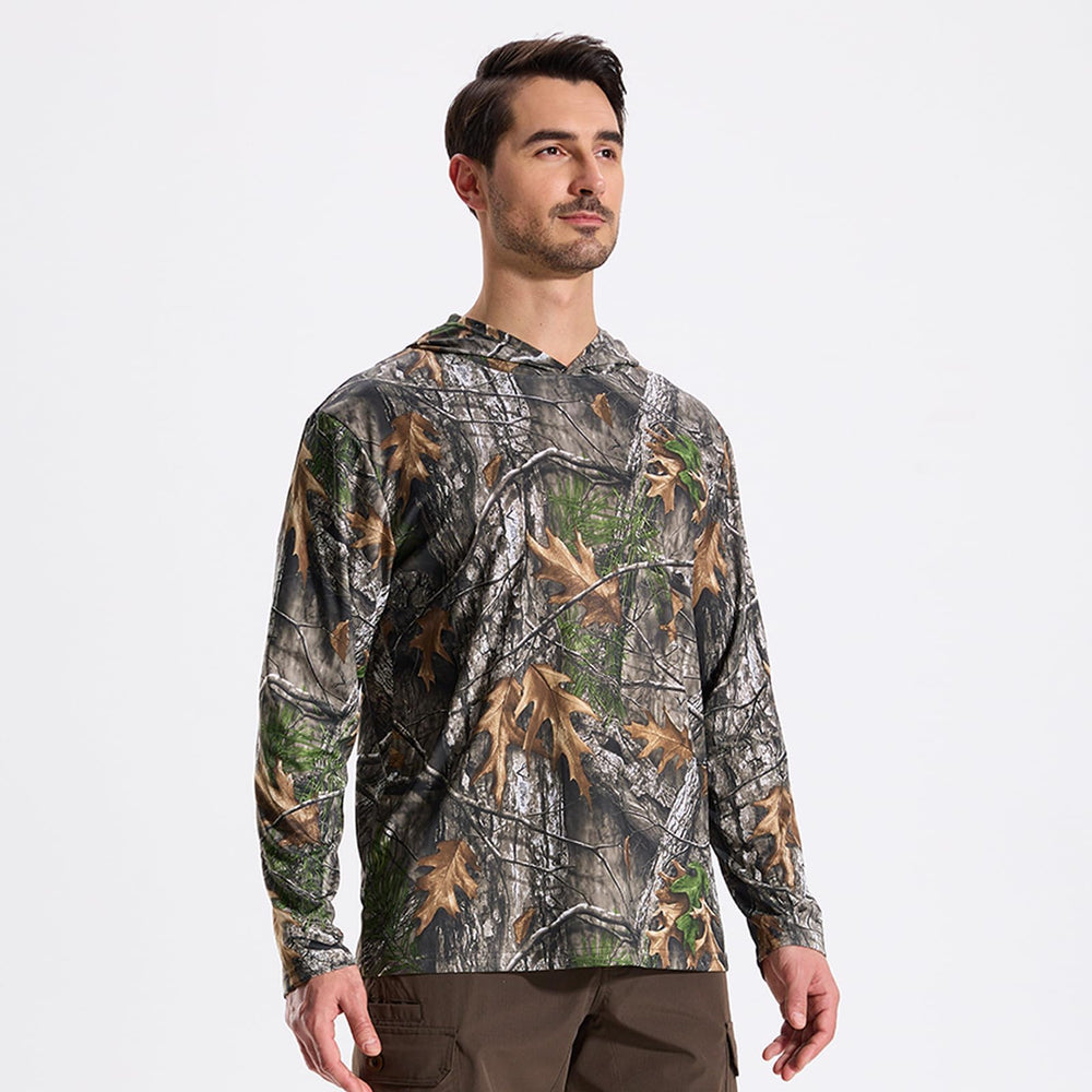 LOOGU long sleeve hoodie worn in forest scenes demonstrating outdoor versatility.
