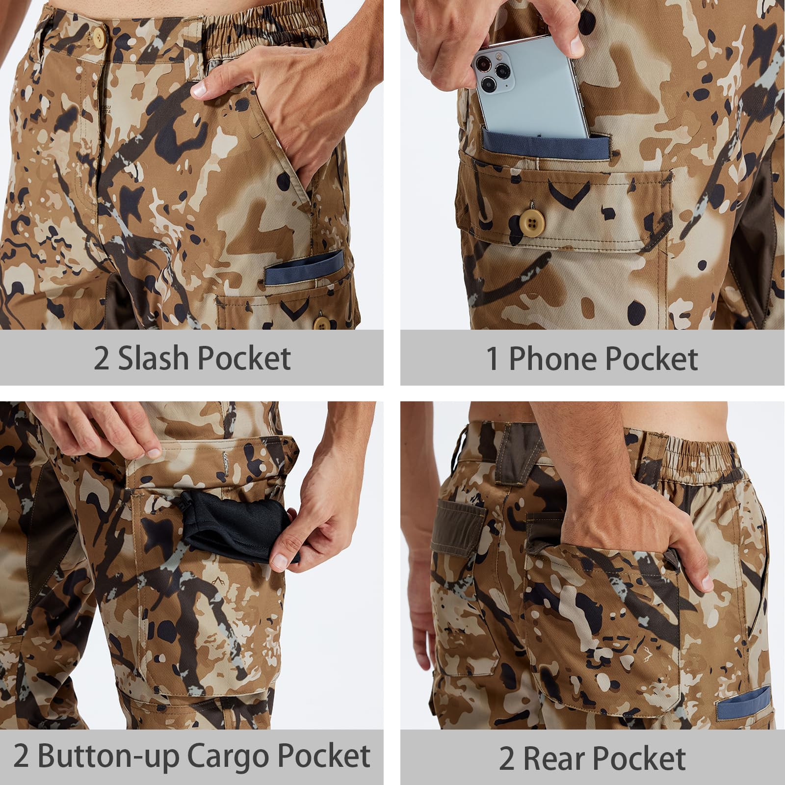 LOOGU men's camo hunting pants adjustable-ankle drawstring; keeps debris out of boots.