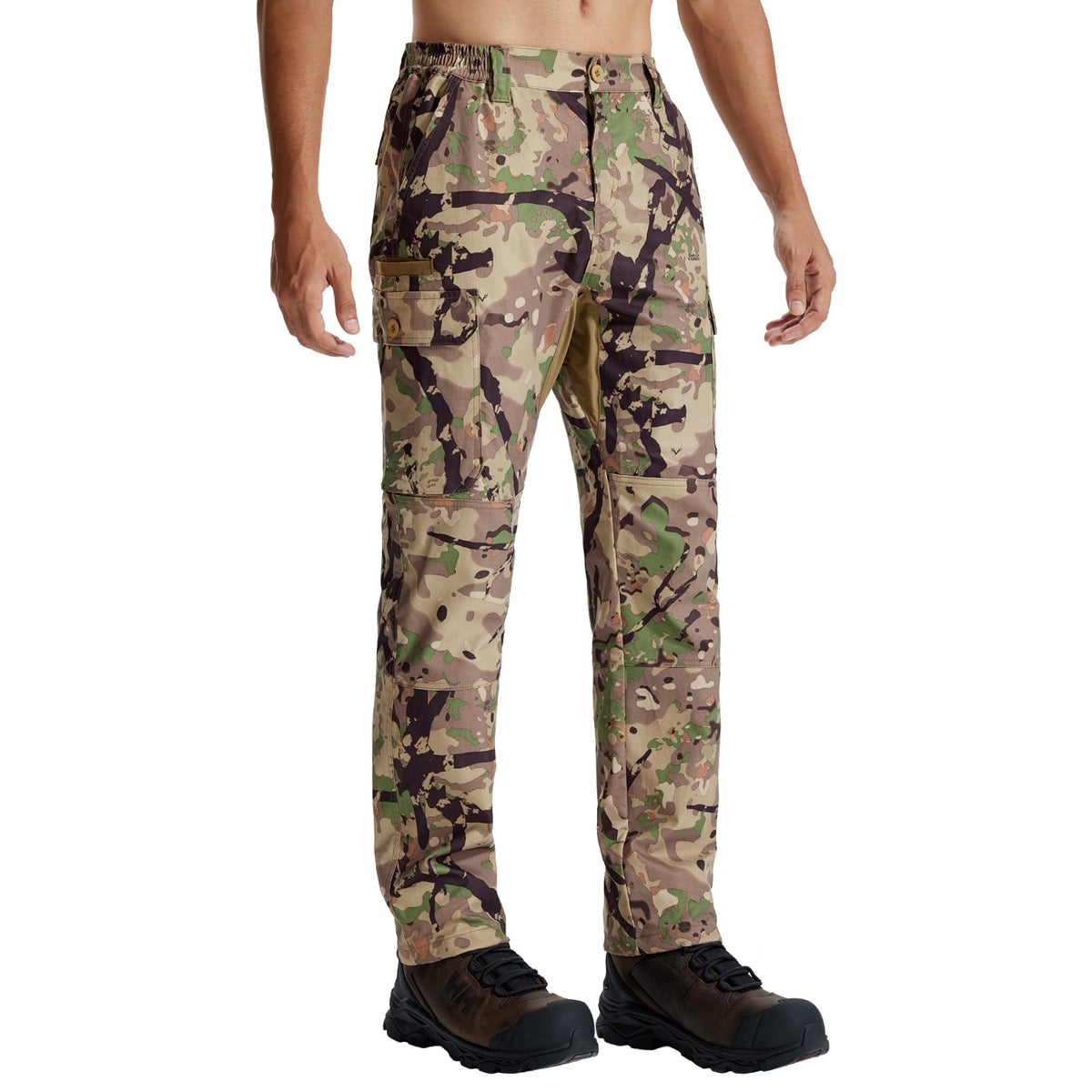 LOOGU men's camo hunting pants front view—quiet, breathable fabric for stealthy hunting.