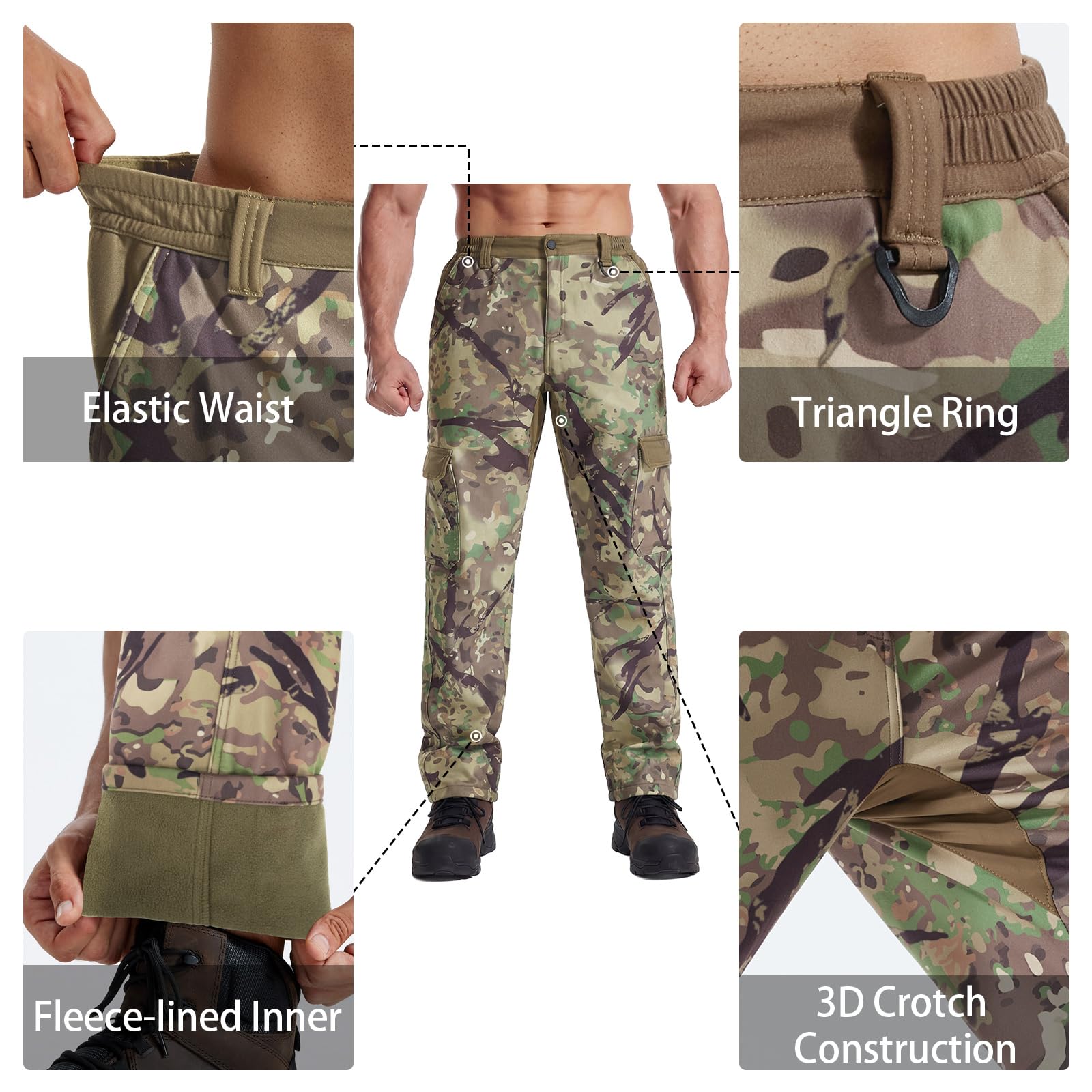 LOOGU elastic-waist camo hunting pants fit comfortably during outdoor activities.