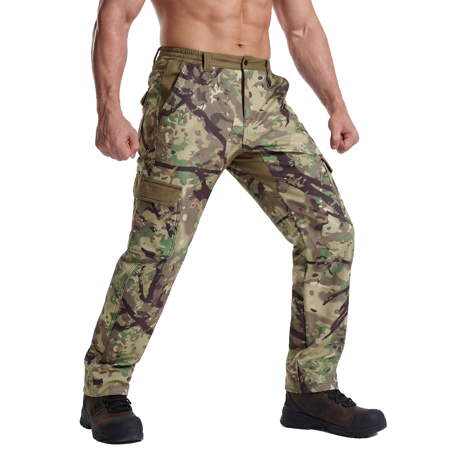 LOOGU men's fleece-lined camo hunting pants front view showing six-pocket layout for versatility.