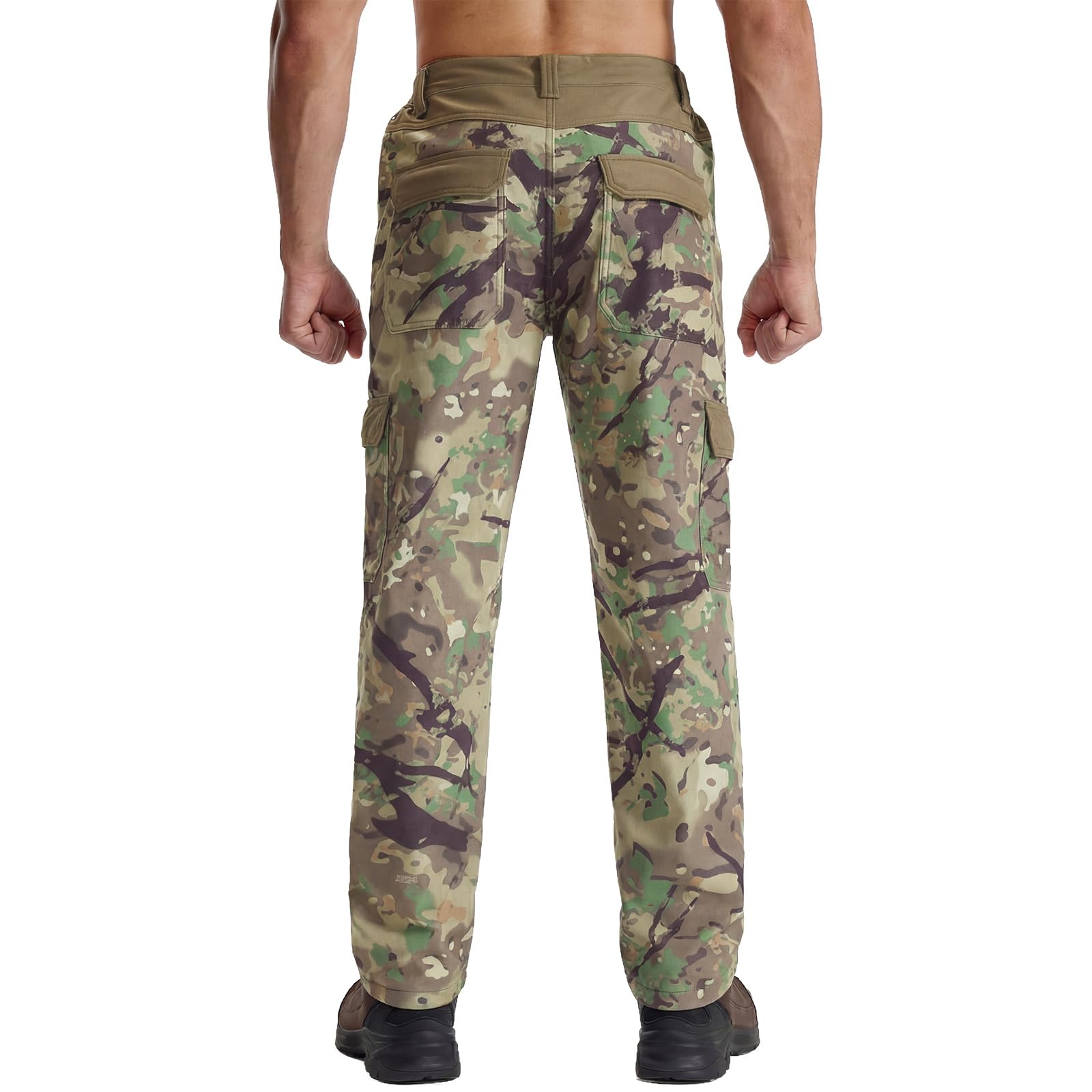 LOOGU men's fleece-lined camo hunting pants side pocket detail for quick-access gear.