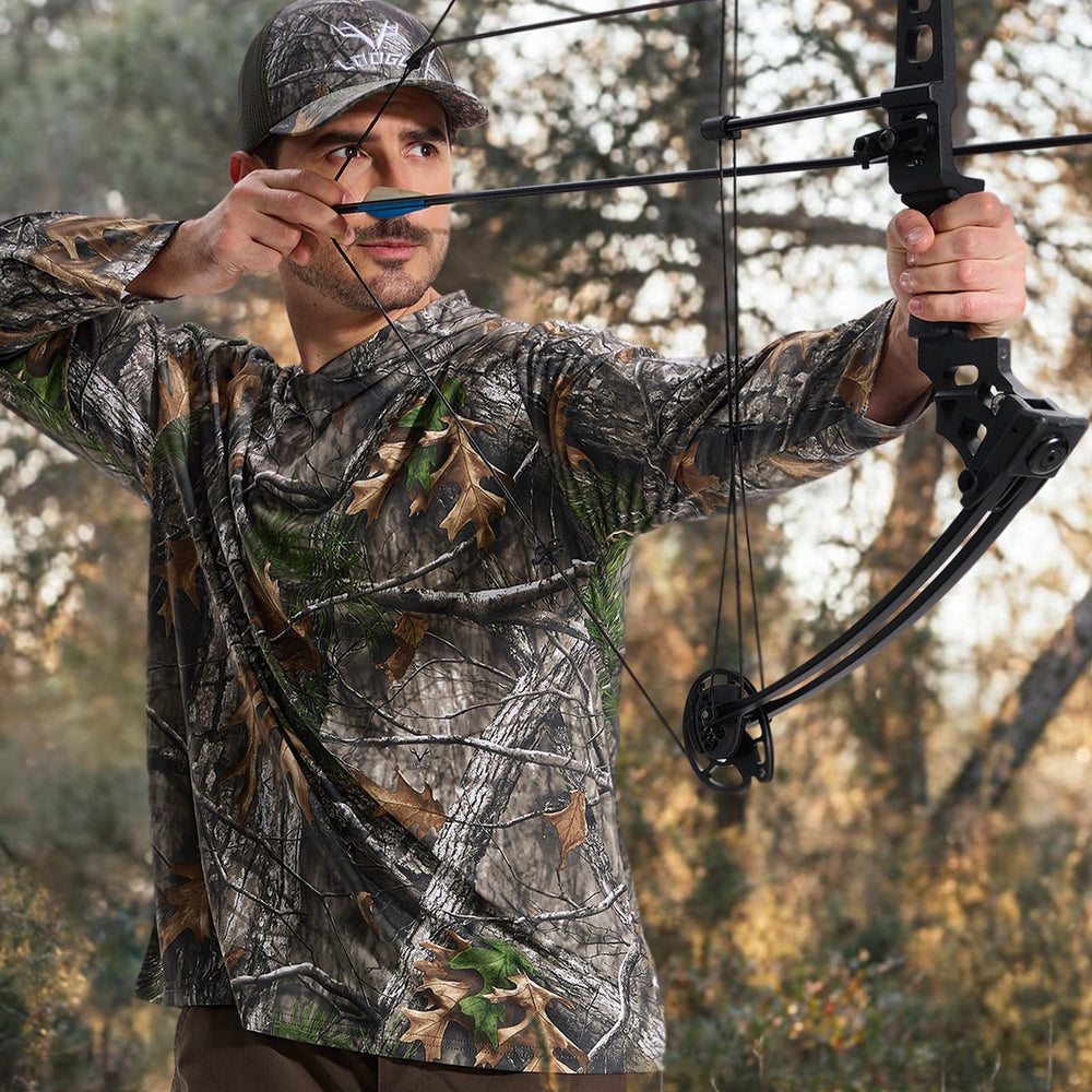 LOOGU men's hunting camo contrast shirt side view showing stretch for movement.