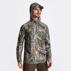 LOOGU shirt side view demonstrates flexible fabric for active hunting and hiking.