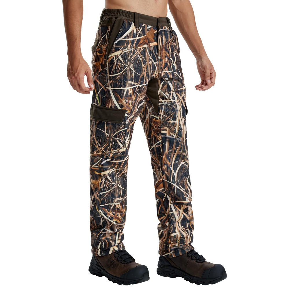LOOGU men's hunting pants camo front view with six-pocket layout for quick-access gear.