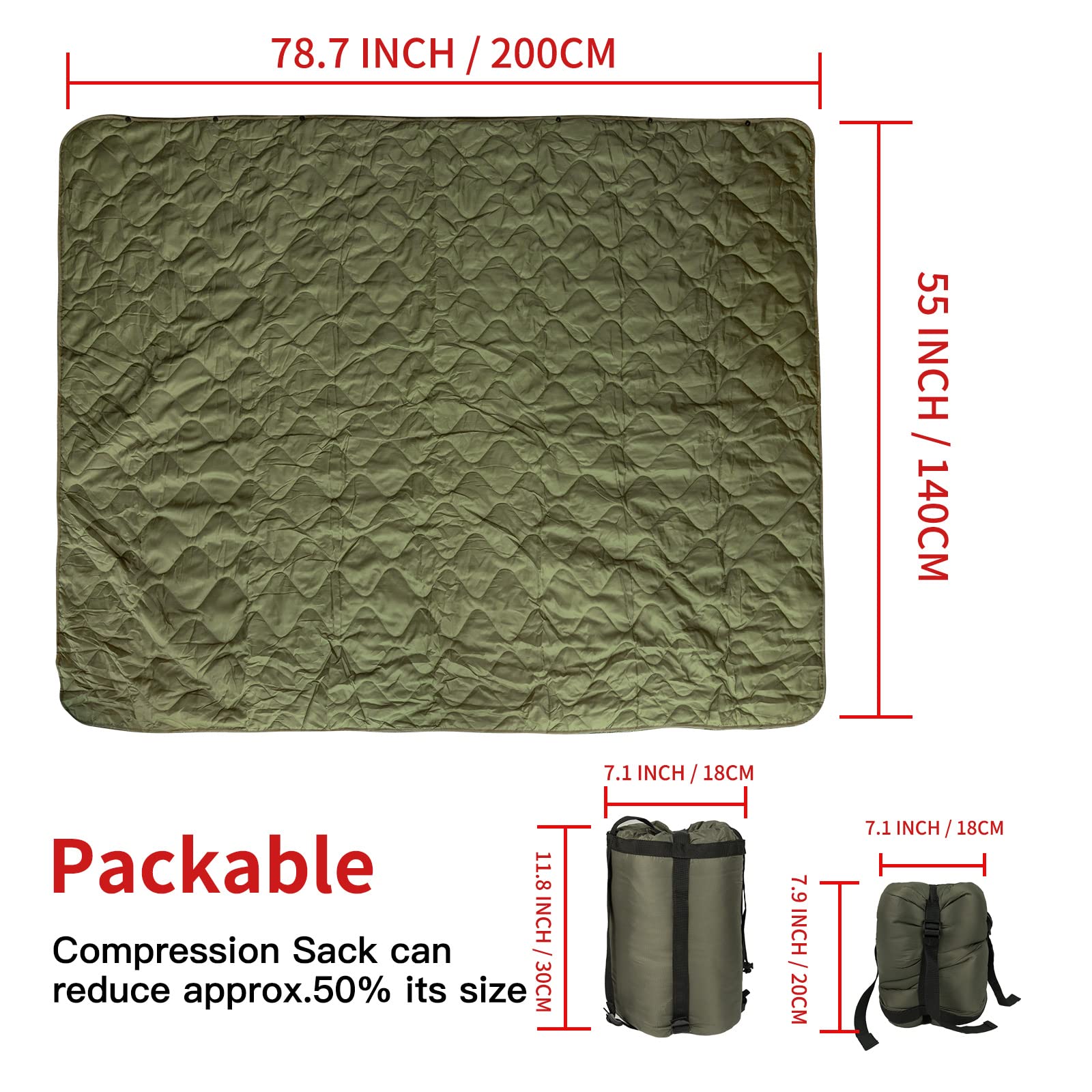 LOOGU poncho liner opened to 55x78 inches for cozy shelter and warmth.