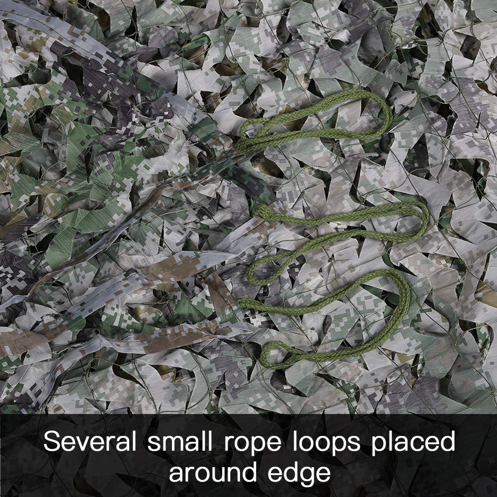 LOOGU Woodland Digital Camo Netting green camouflage blends with terrain for concealment outdoors.