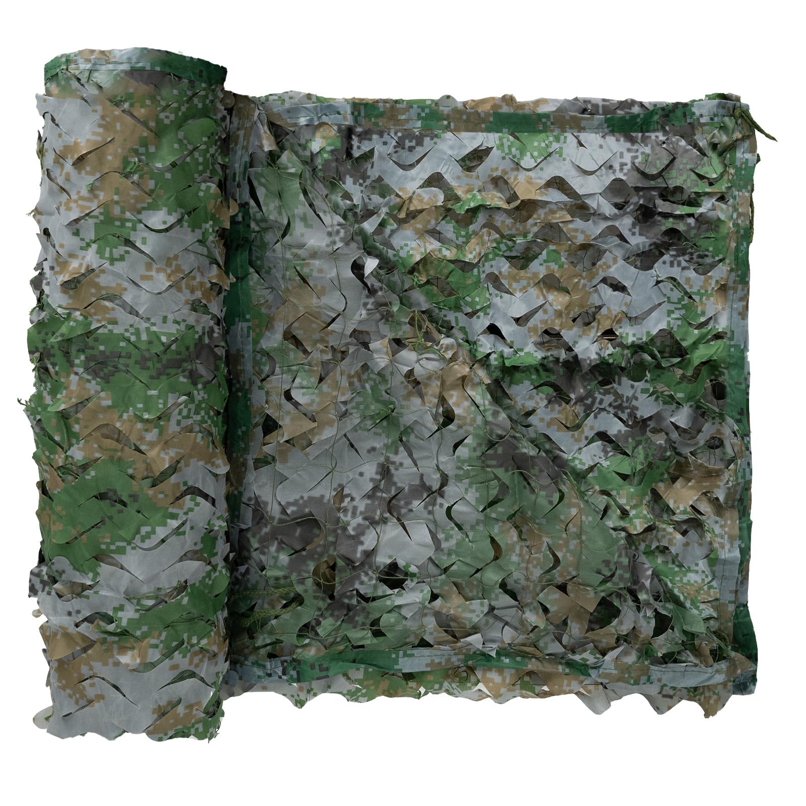 LOOGU woodland digital camo netting draped over a campsite for concealment.