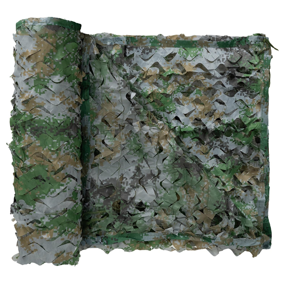 LOOGU woodland digital camo netting draped over a campsite for concealment.