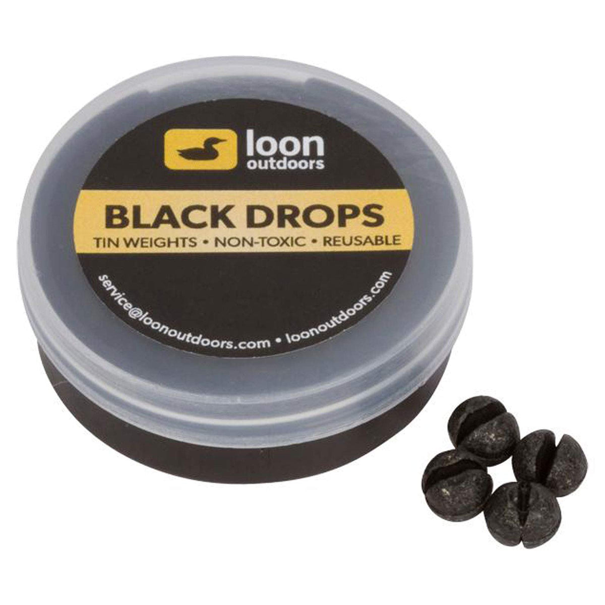 Loon Outdoors Black Drops split shot refill tub with textured weights for stealth fishing