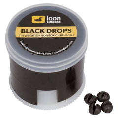 Loon Outdoors Black Drops split shot in twist pot for easy reloading and stealth sinking