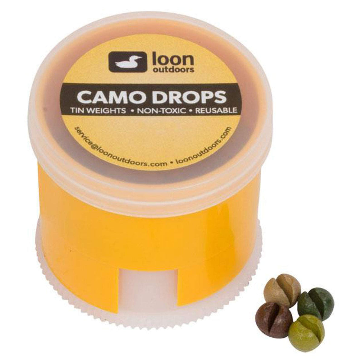 Loon Outdoors Camo Drops split shot in twist pot enables stealth sinking and easy reloading