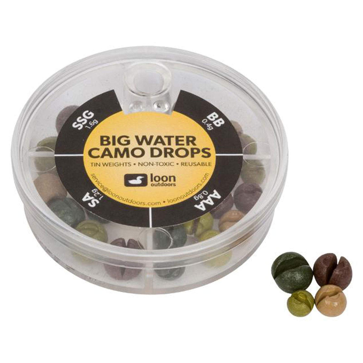 Loon Tin Drops 4-Division Big Water dispenser with textured finish for steady, slipping-resistant rigging.