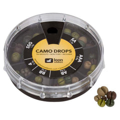 Loon Tin Drops 6 Division weights with camo or black matte coating, slip-resistant texture.