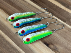Close-up of Herring Aid, Green Hornet, Blue Dorado and Lemon Lime finishes with UV halo-prism foils.