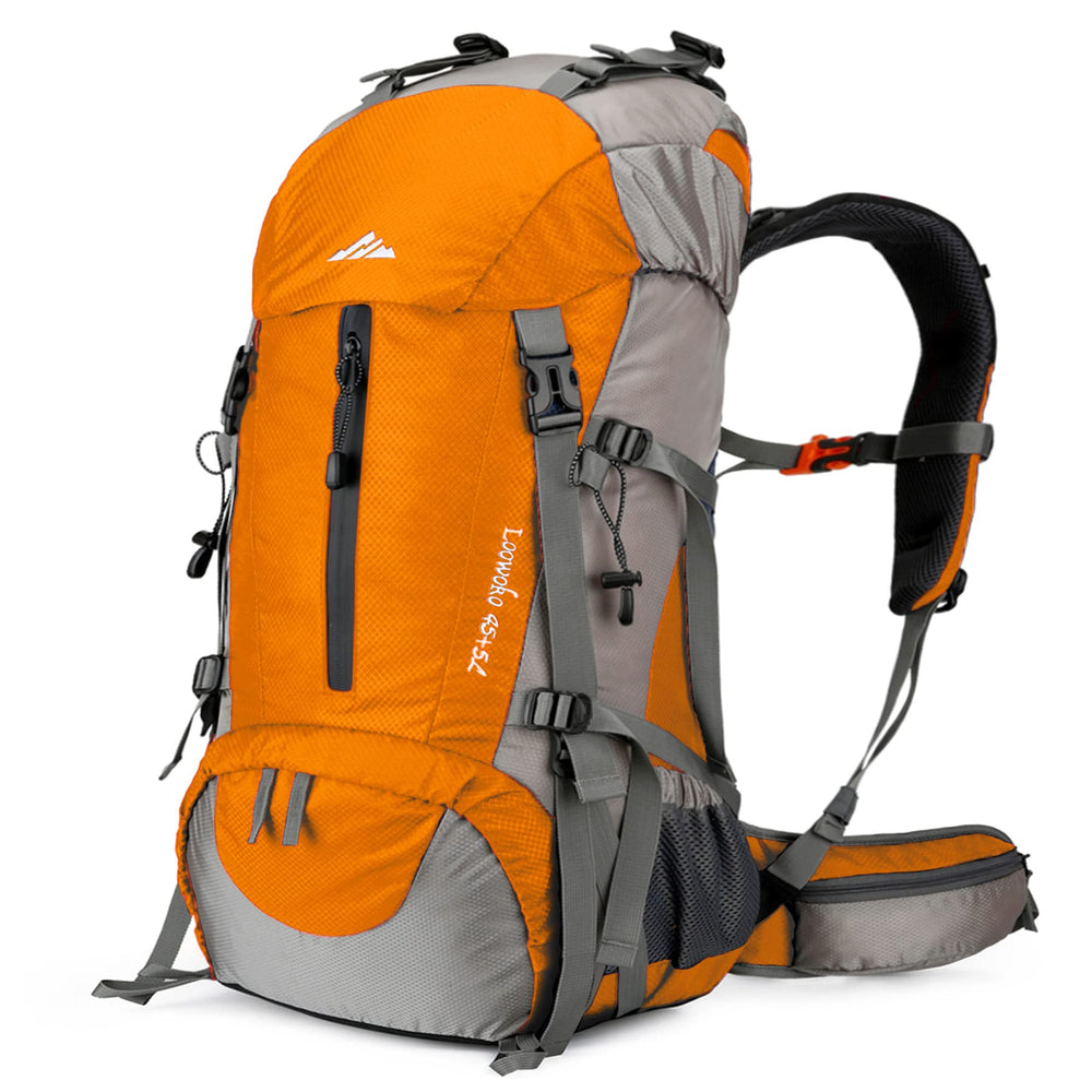 Loowoko 50L hiking backpack front view showing the main compartment and accessible gear storage.