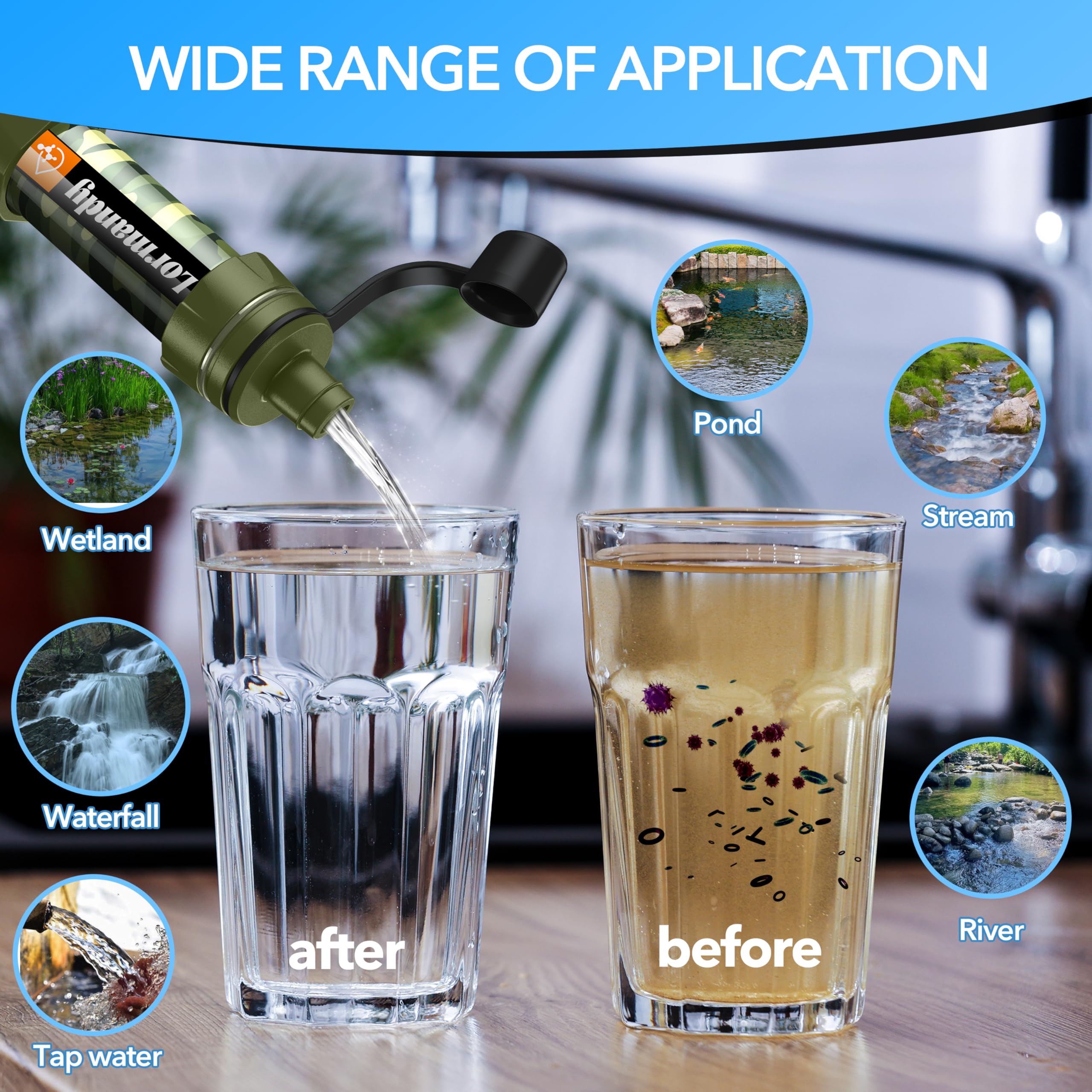 Lormandy water filter straw triple filtration for multi-stage purification