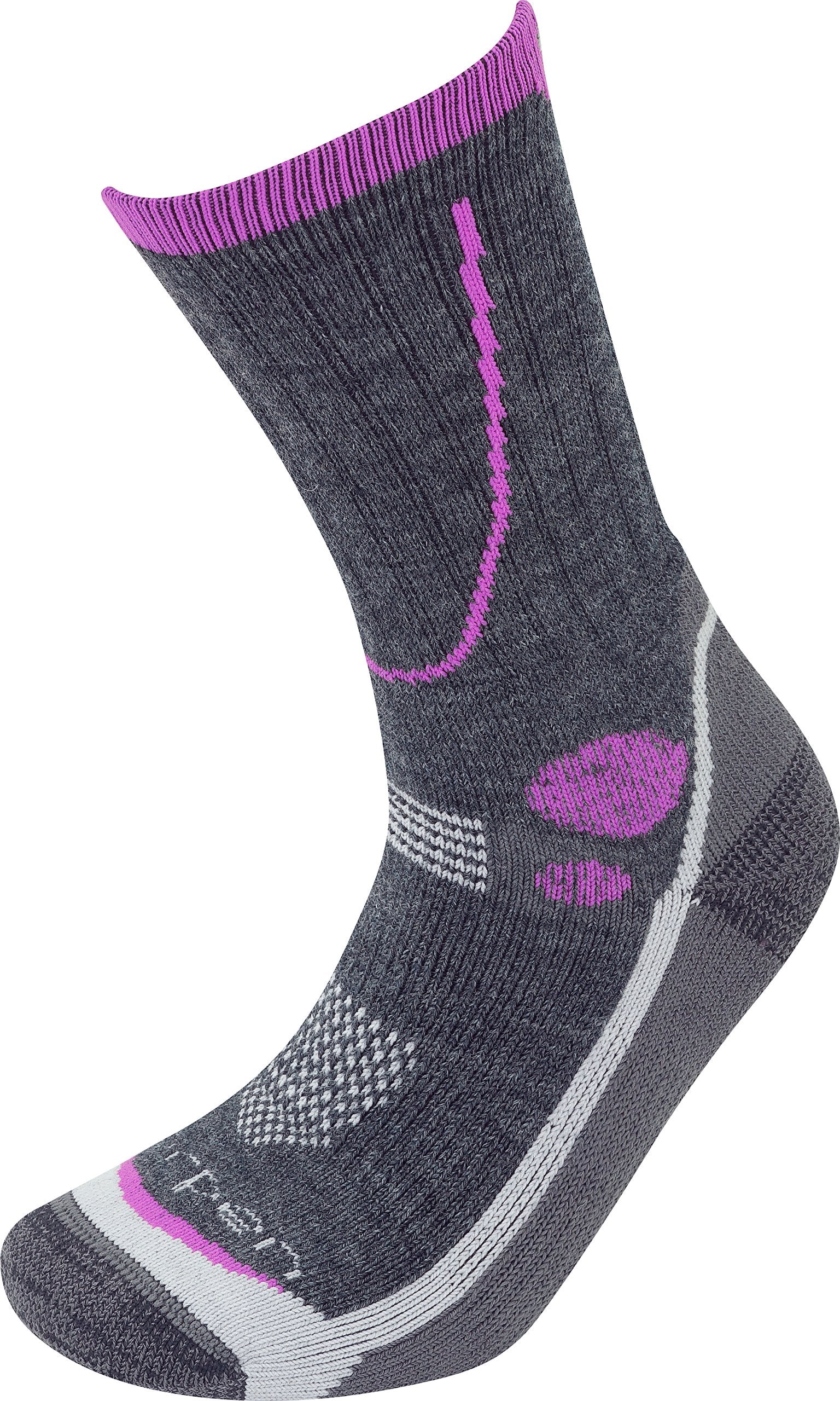 Lorpen T3 midweight hiking sock in charcoal, close-up view highlights cushioned foot for long treks.
