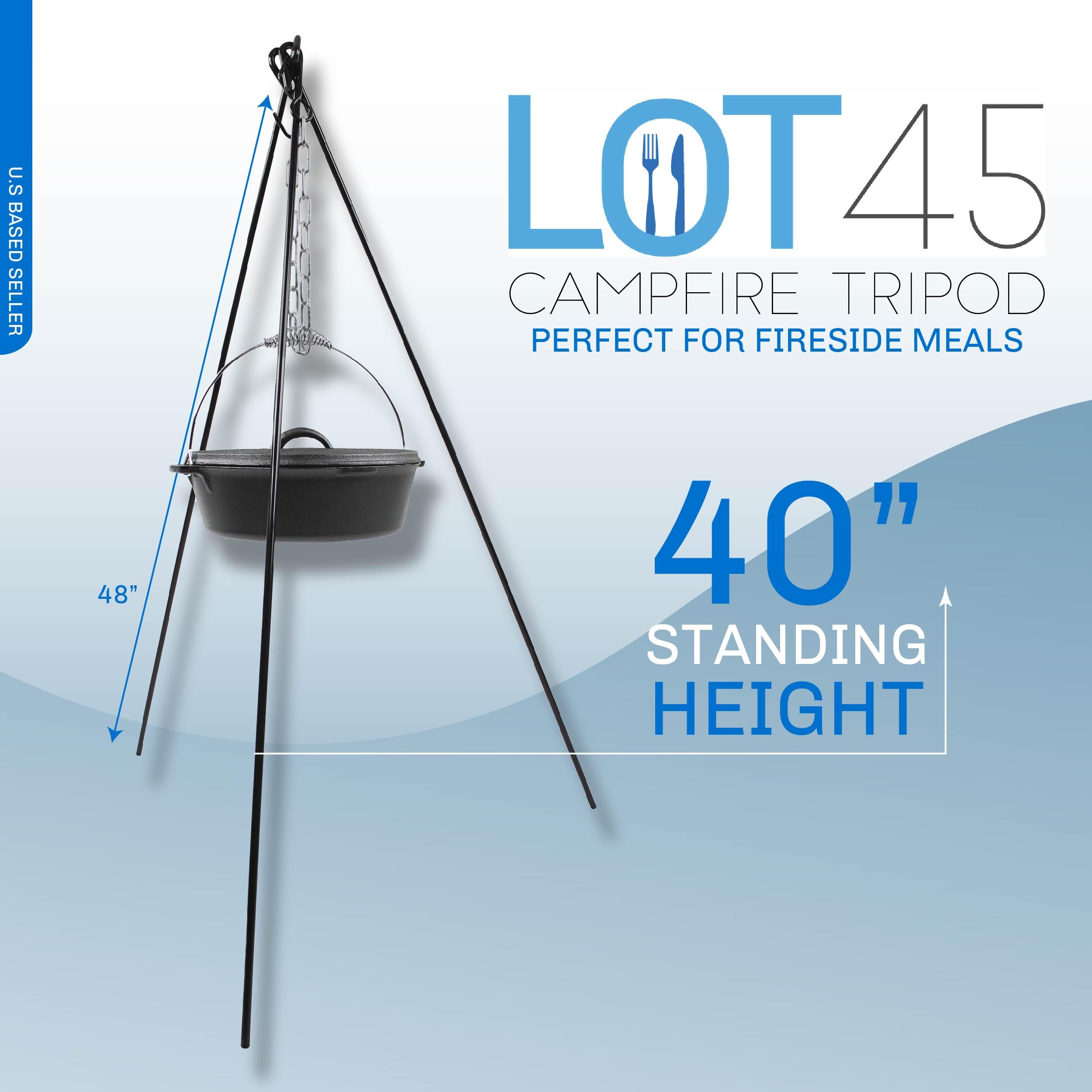 Lot45 Campfire Tripod adjustable footprint enables flexible height for different pots.