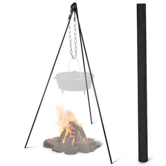 Lot45 Campfire Tripod over fire grill securely supports Dutch ovens over open flame.