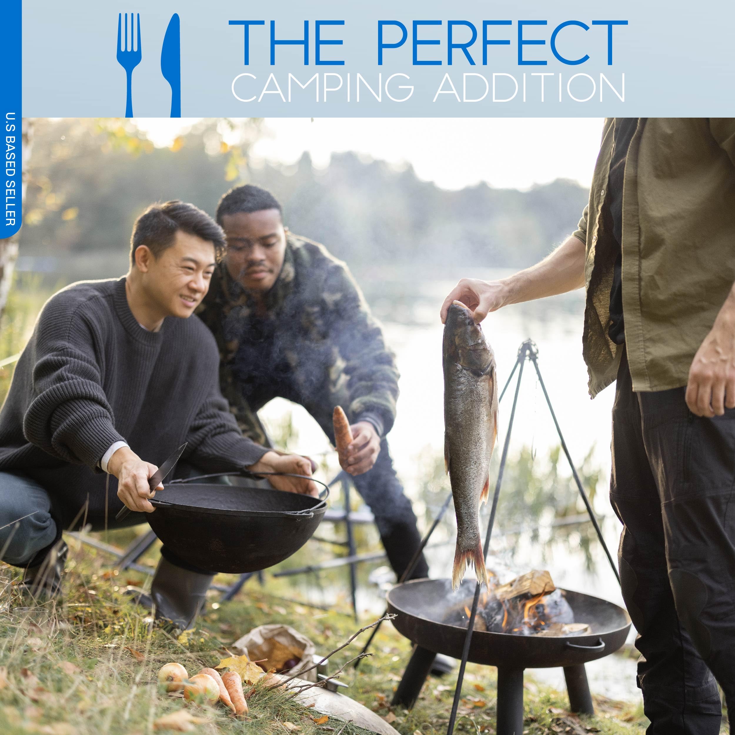 Lot45 Campfire Tripod with Dutch oven hanger holds your kettle safely.