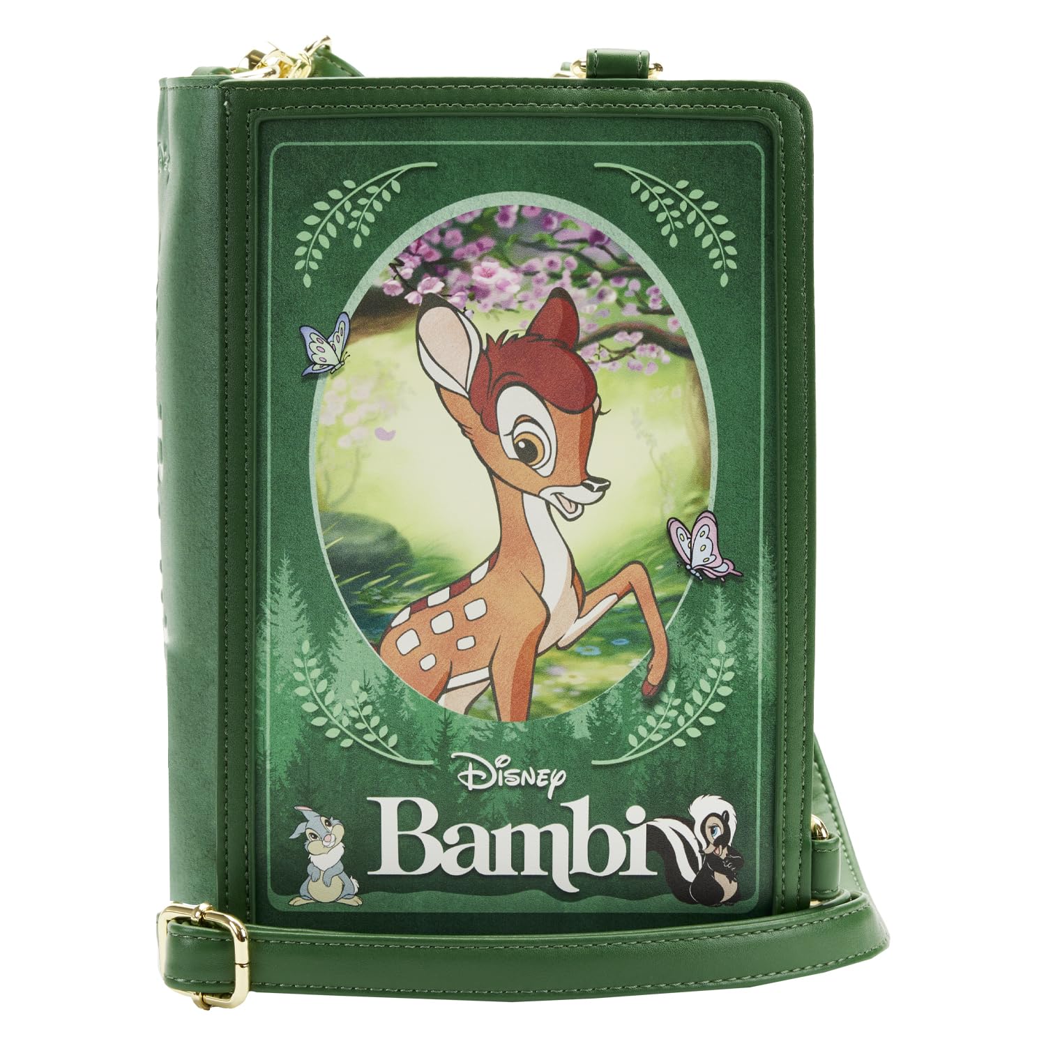 Loungefly Bambi Classics Books bag front view with forest motif and butterfly detail for enchantment