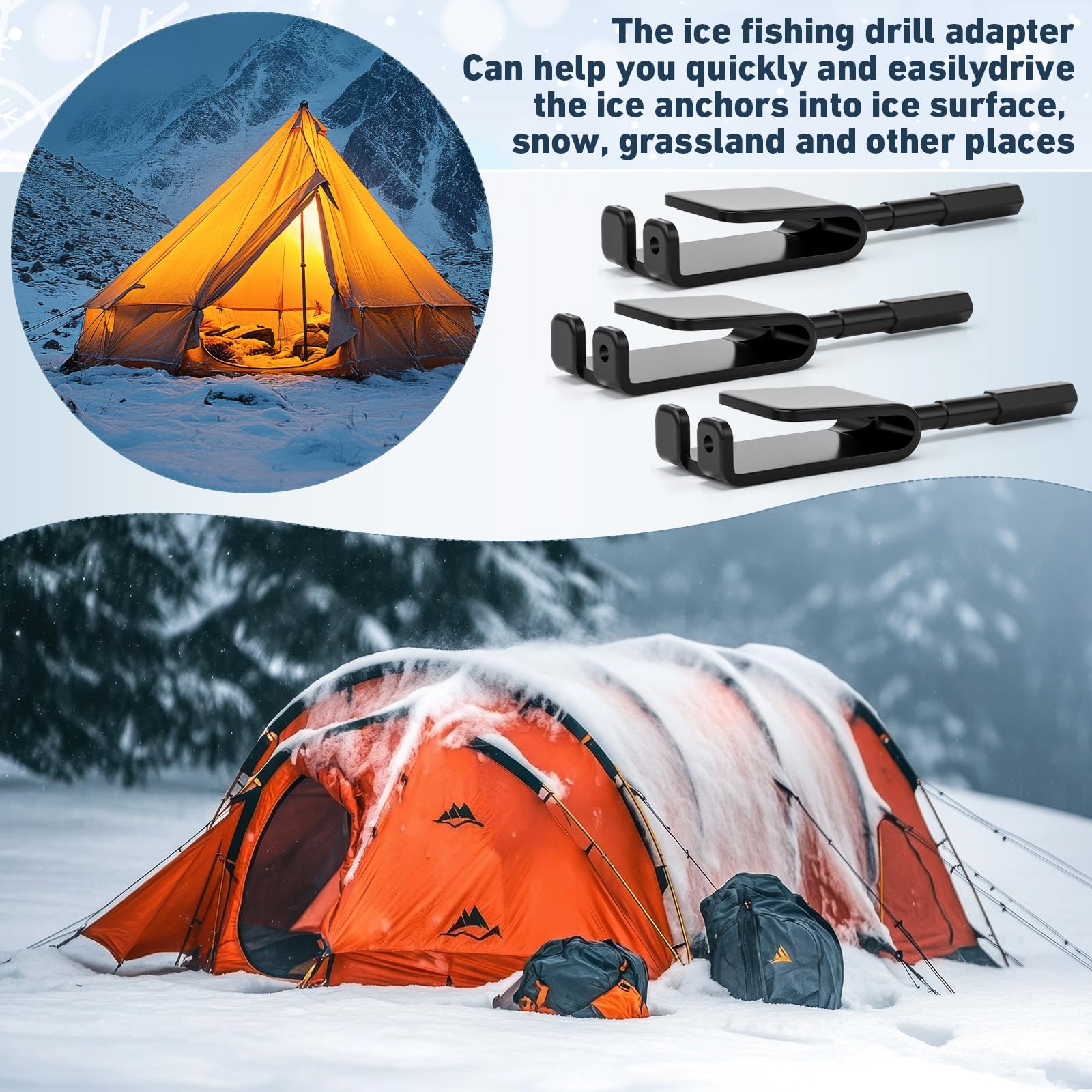 Ice shelter setup using drill adapter to secure anchors