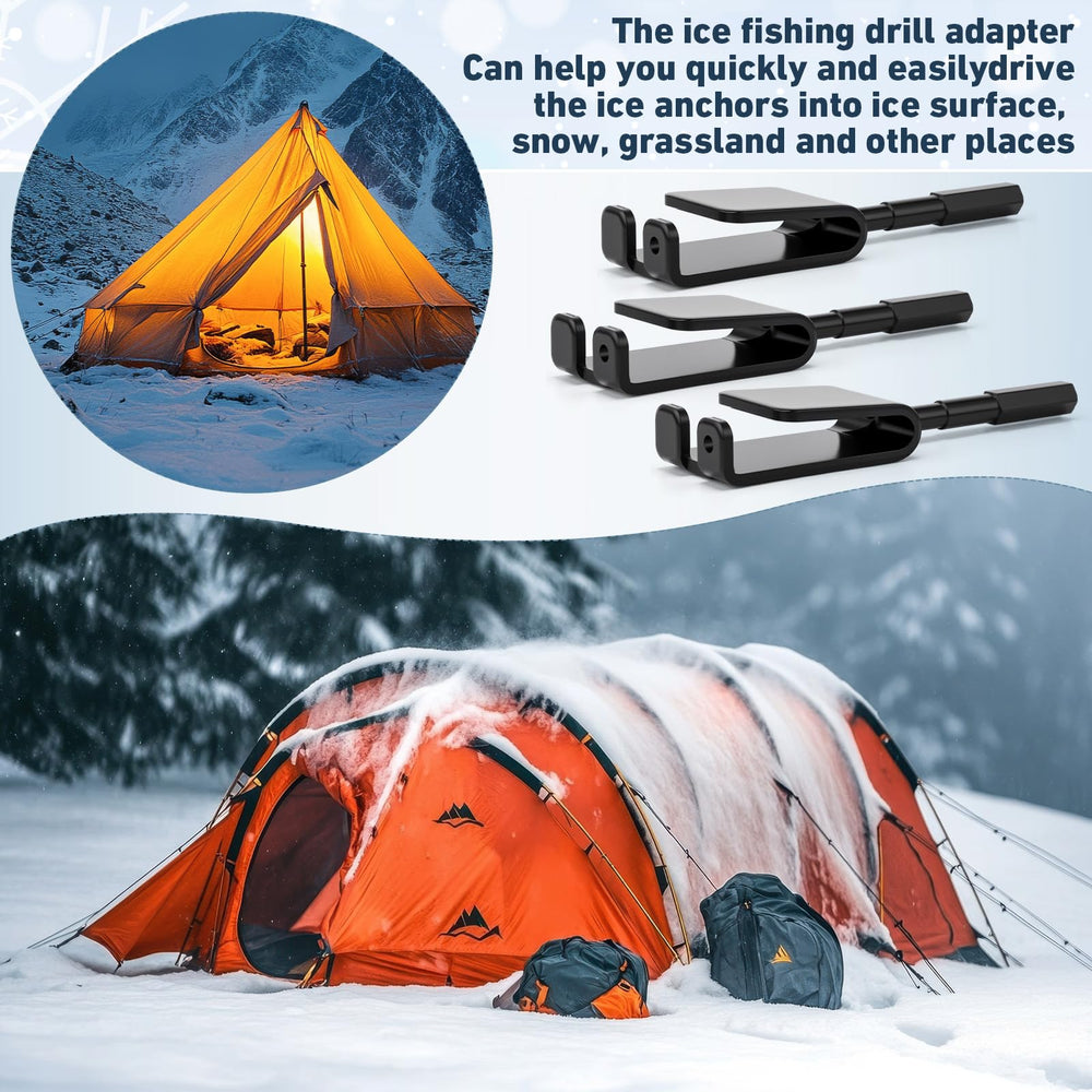 Ice shelter setup using drill adapter to secure anchors